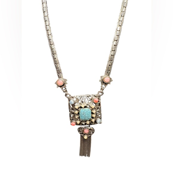 Vintage Etruscan Choker Necklace Tassel Heart Silver Tone Unsigned MCM Statement - Picture 15 of 17